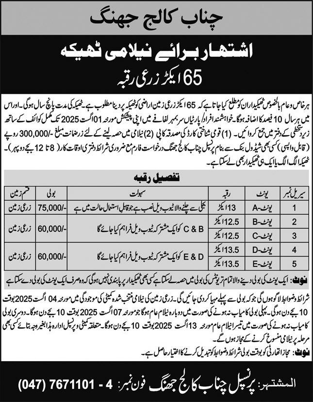 Chanab College Jhang Tender Notice